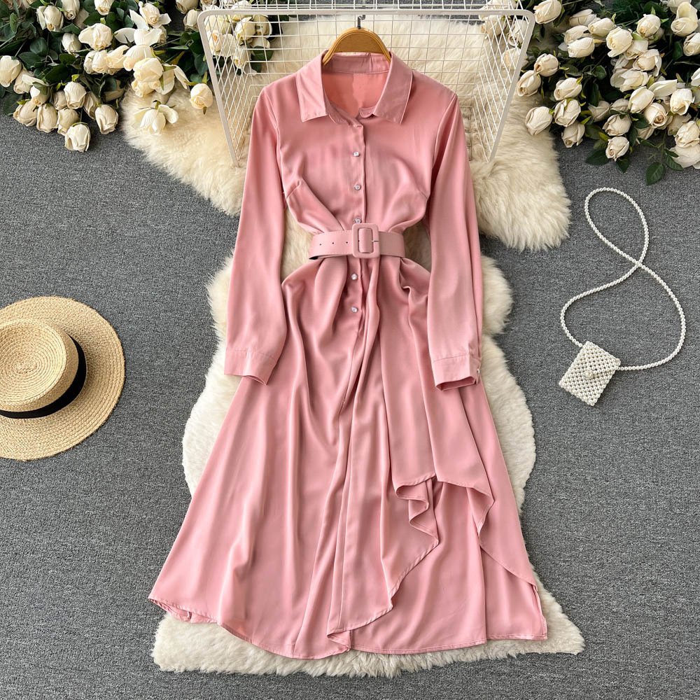 Custom autumn winter new Korean version long sleeve shirt dress loose skirt pink casual dress with button and belt