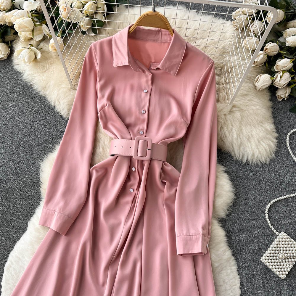 Custom autumn winter new Korean version long sleeve shirt dress loose skirt pink casual dress with button and belt