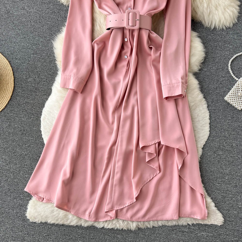 Custom autumn winter new Korean version long sleeve shirt dress loose skirt pink casual dress with button and belt