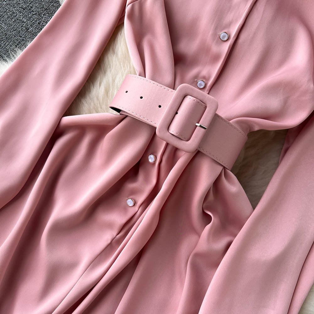 Custom autumn winter new Korean version long sleeve shirt dress loose skirt pink casual dress with button and belt