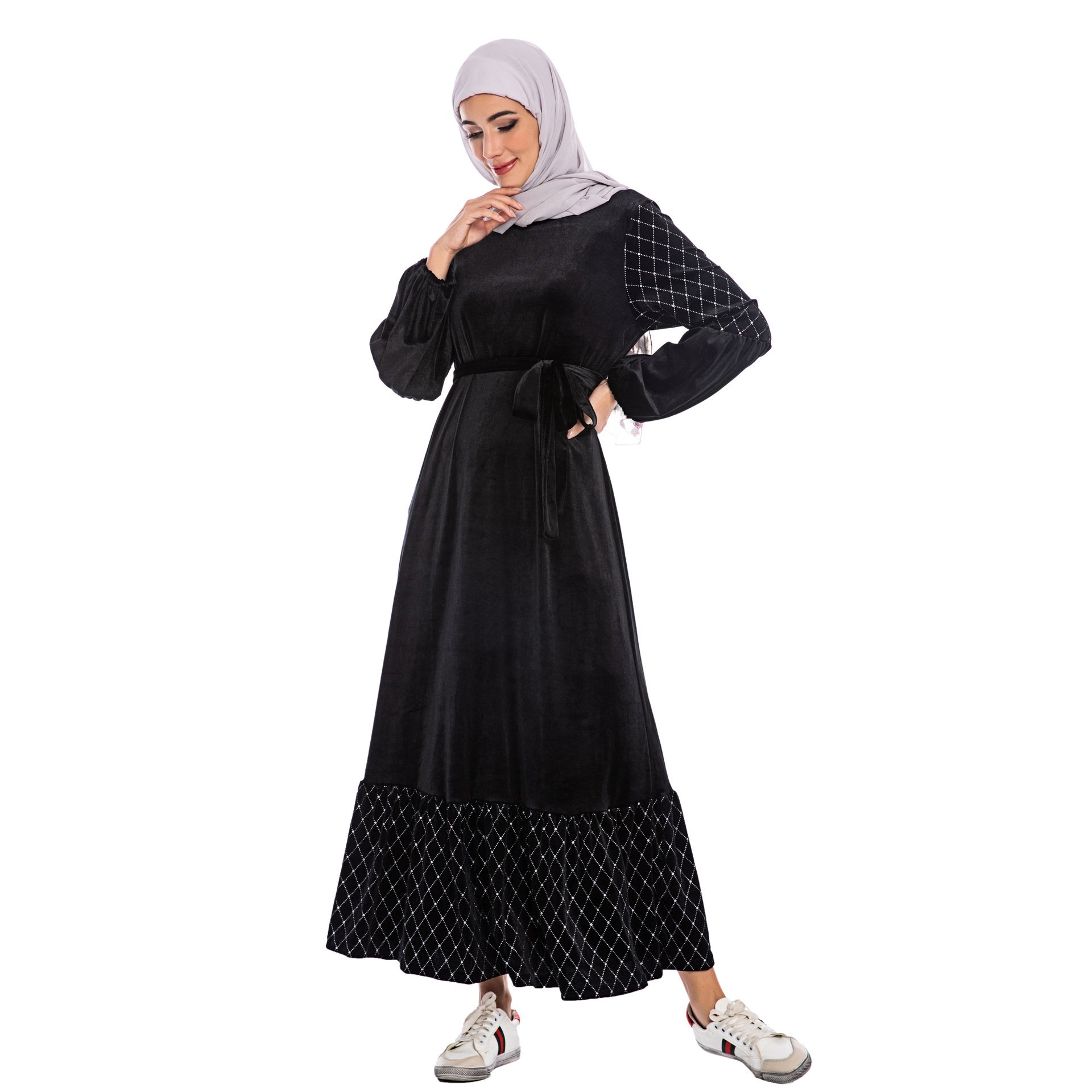 Velvet Muslim Dress Islamic Clothing For Winter Season Thick Fabric Maxi Luxury Abaya Dresses With Pockets