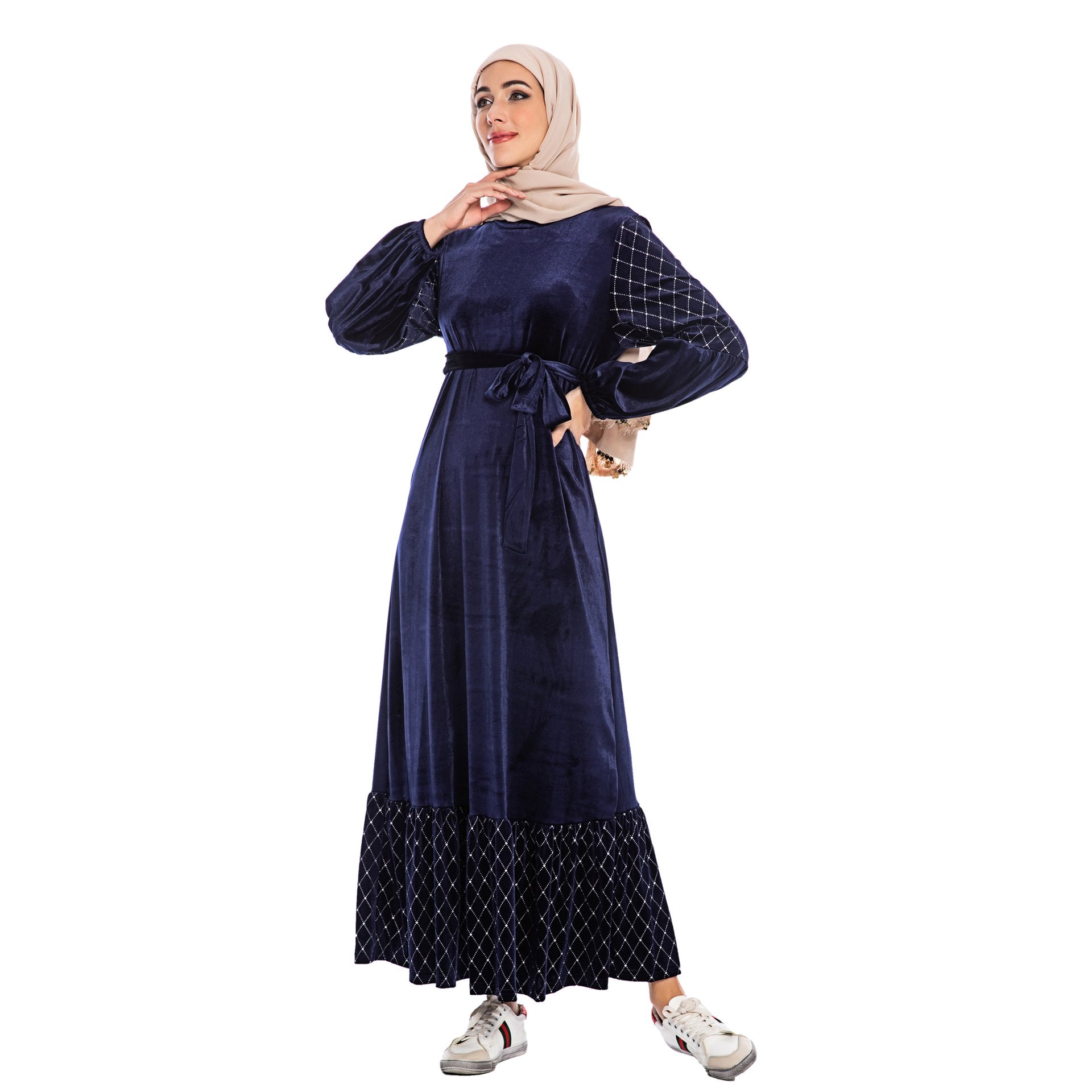 Velvet Muslim Dress Islamic Clothing For Winter Season Thick Fabric Maxi Luxury Abaya Dresses With Pockets