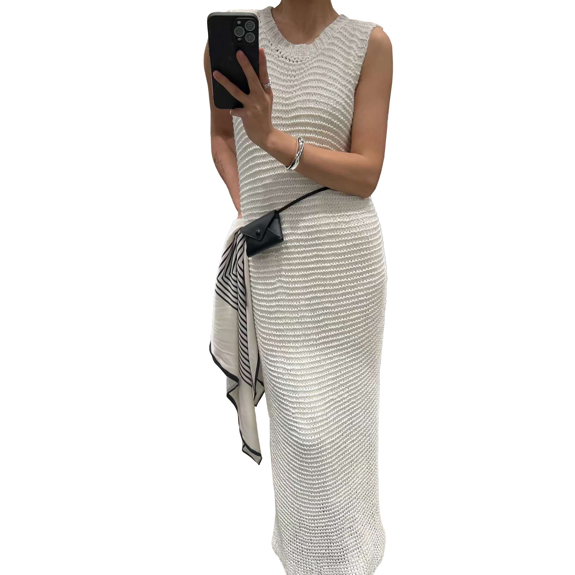 New fashionable women's dresses white color hollow out knitted long dresses sexy casual dress