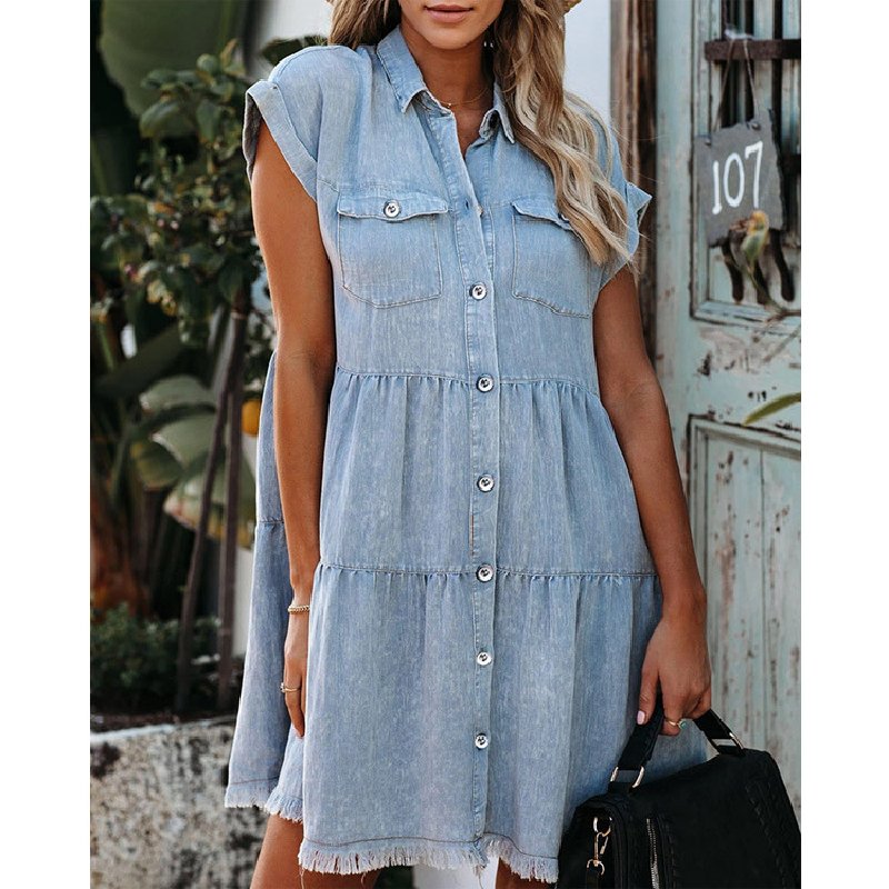 2022 Short Sleeve Denim Dress Button Pocket Loose Women Casual Dresses