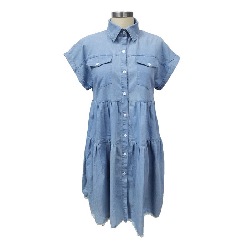 2022 Short Sleeve Denim Dress Button Pocket Loose Women Casual Dresses