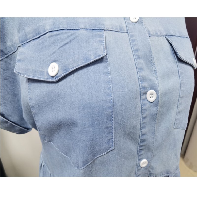 2022 Short Sleeve Denim Dress Button Pocket Loose Women Casual Dresses