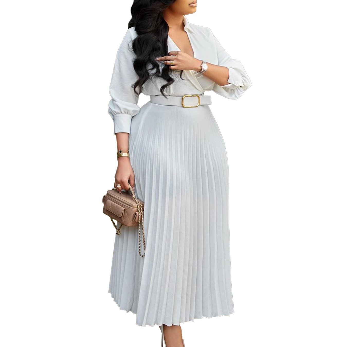 Plus Size Autumn Solid V-Neck 3/4 Sleeves Temperament Commuter Matching Belt Slim Fit Mid Length High Waist Umbrella Dress