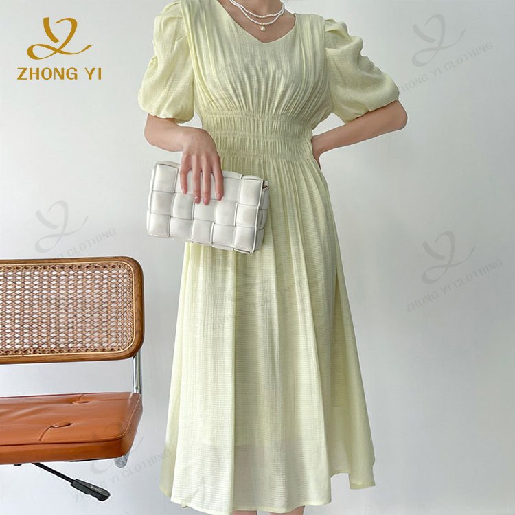 2023 Summer New Custom Puff Short Sleeve Midi Skirt Volume Solid Color Sweet Tensilk Material Fashion Women Casual Long Dresses