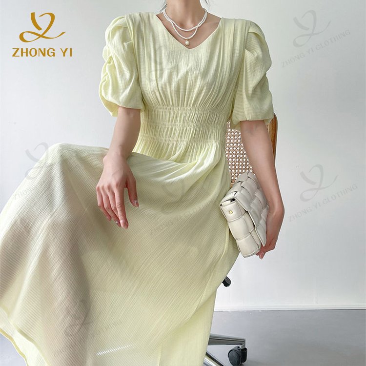 2023 Summer New Custom Puff Short Sleeve Midi Skirt Volume Solid Color Sweet Tensilk Material Fashion Women Casual Long Dresses