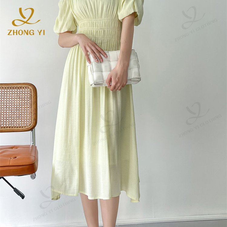 2023 Summer New Custom Puff Short Sleeve Midi Skirt Volume Solid Color Sweet Tensilk Material Fashion Women Casual Long Dresses