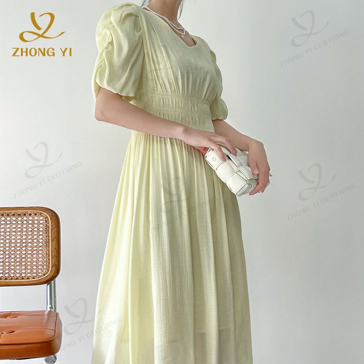 2023 Summer New Custom Puff Short Sleeve Midi Skirt Volume Solid Color Sweet Tensilk Material Fashion Women Casual Long Dresses