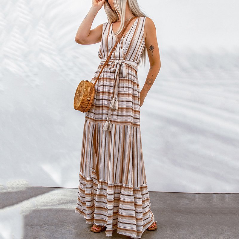 Hot Sale Summer Women Stylish Striped V Neck Long Maxi Sleeveless Casual Dress