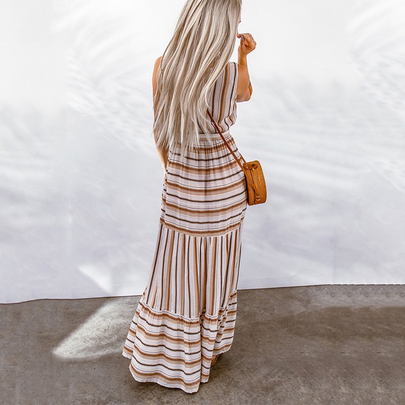 Hot Sale Summer Women Stylish Striped V Neck Long Maxi Sleeveless Casual Dress