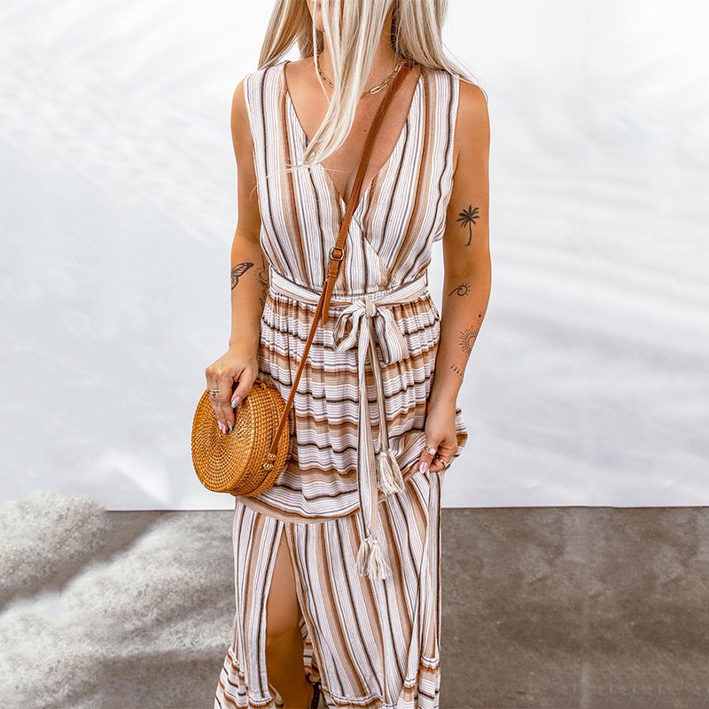 Hot Sale Summer Women Stylish Striped V Neck Long Maxi Sleeveless Casual Dress