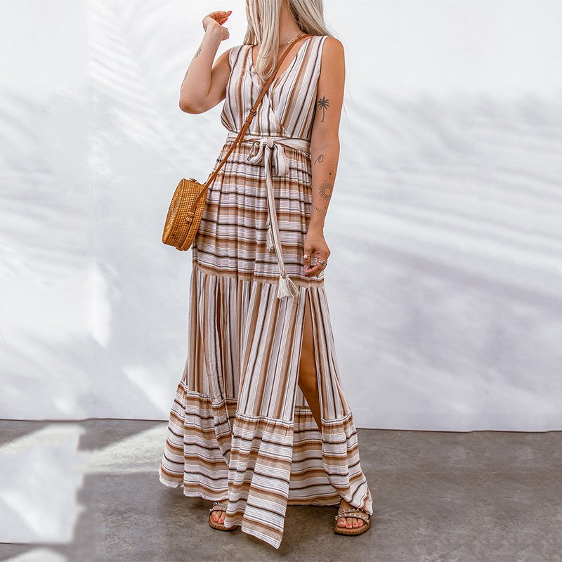 Hot Sale Summer Women Stylish Striped V Neck Long Maxi Sleeveless Casual Dress