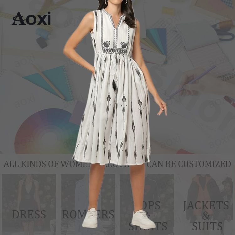 OEM vestidos casuales white A linen custom logo printing dresses linen mini office lady women elegant dress causal 2024