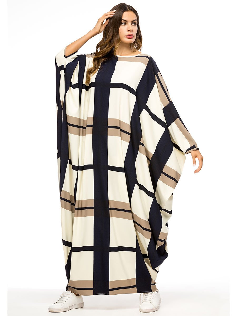Casual Bat Sleeve Maxi Dress Print Plaid Muslim Abaya Kimono Long Robe Gowns Jubah Ramadan Middle East Islamic Prayer Clothing