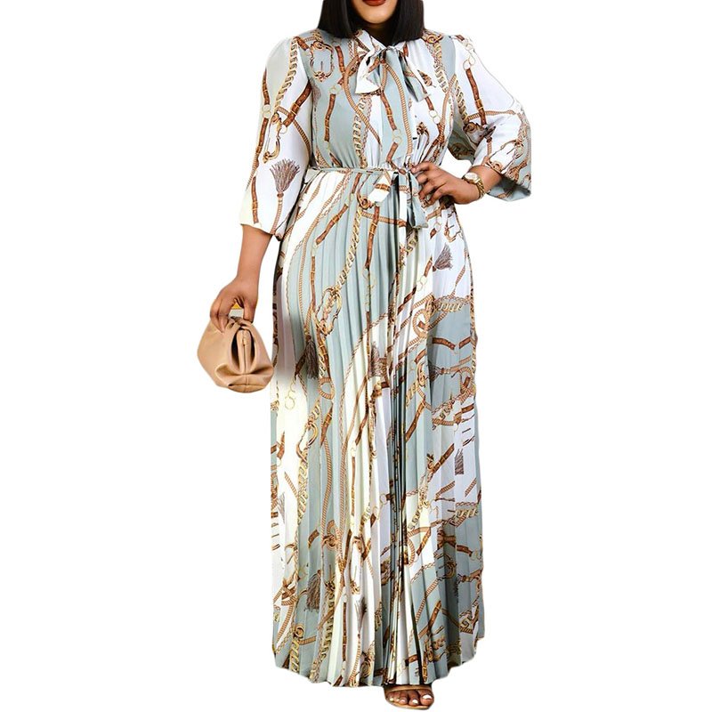 Long Sleeve Printed Pleated Tie European and American Long Skirt Plus Size Dress
