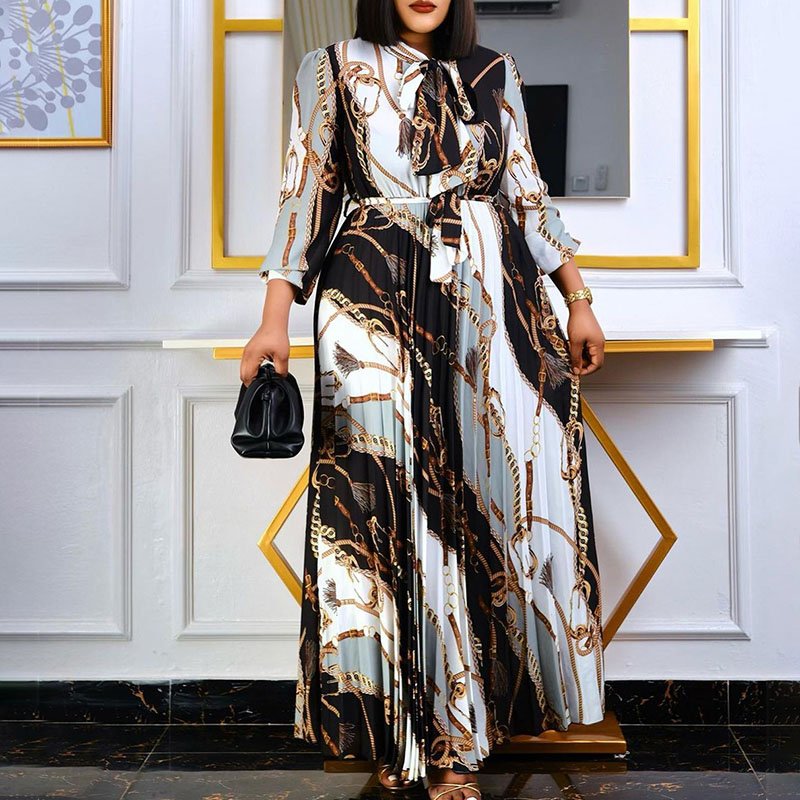Long Sleeve Printed Pleated Tie European and American Long Skirt Plus Size Dress