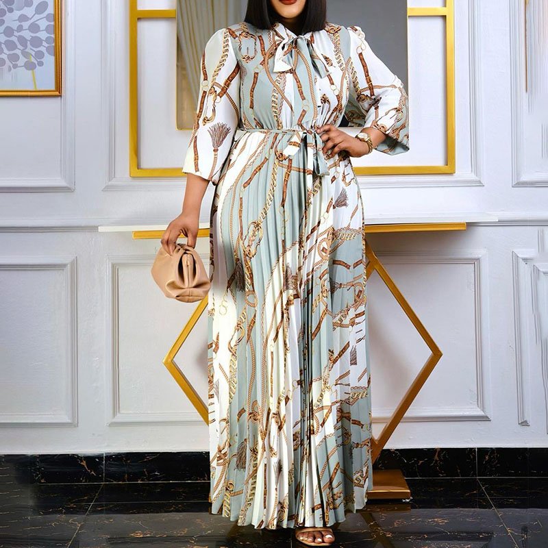 Long Sleeve Printed Pleated Tie European and American Long Skirt Plus Size Dress