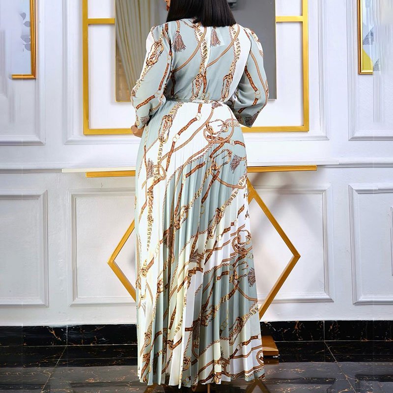 Long Sleeve Printed Pleated Tie European and American Long Skirt Plus Size Dress