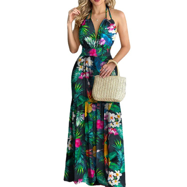 S-2XL Summer Long Dress Bohemia Floral Casual Dresses Sexy Backless Halter Strapless Beach Sundress Vacation Clothes For Women