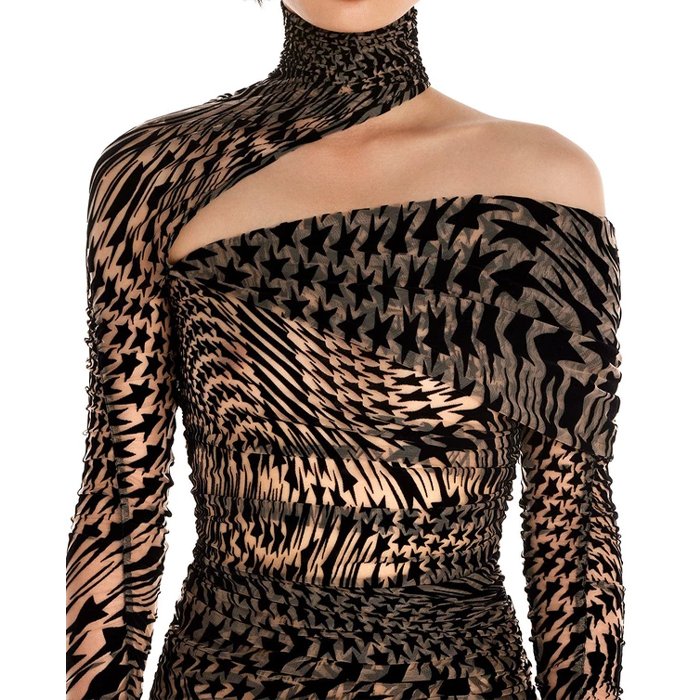 Hot sale long flared sleeve mock neck allover star printed single-shoulder draped detail semi-sheer cutout dress sexy club dress