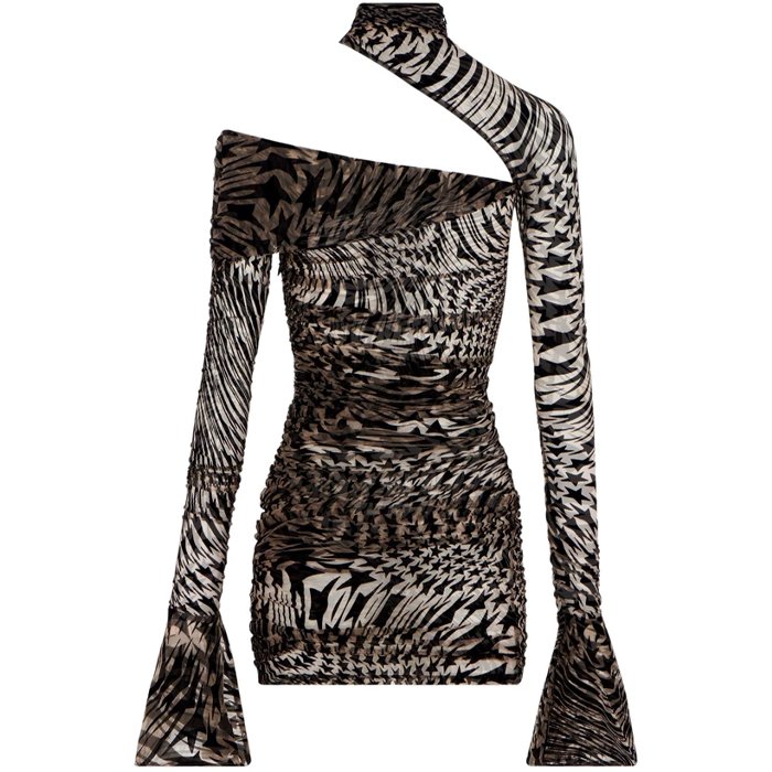 Hot sale long flared sleeve mock neck allover star printed single-shoulder draped detail semi-sheer cutout dress sexy club dress
