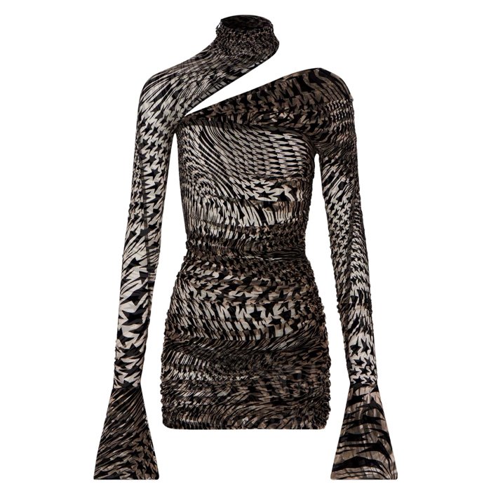 Hot sale long flared sleeve mock neck allover star printed single-shoulder draped detail semi-sheer cutout dress sexy club dress