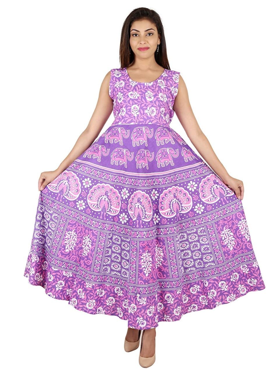 New Trendy Design Pure Cotton Floral Printed Jaipuri Design Casual Wear Sleeveless Long Dress for Women and Girls