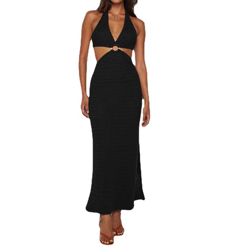Wholesale Ladies Sexy Backless Waist Hollow Body Fit Solid Color Elegant Slit Knit Dress