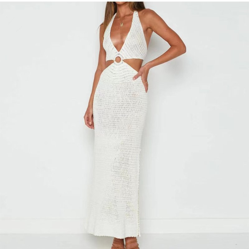 Wholesale Ladies Sexy Backless Waist Hollow Body Fit Solid Color Elegant Slit Knit Dress