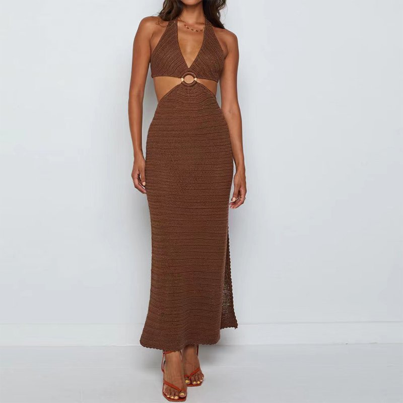 Wholesale Ladies Sexy Backless Waist Hollow Body Fit Solid Color Elegant Slit Knit Dress