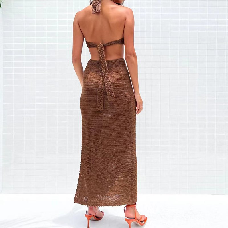 Wholesale Ladies Sexy Backless Waist Hollow Body Fit Solid Color Elegant Slit Knit Dress