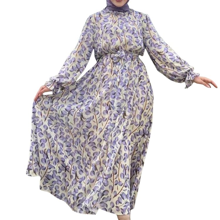 Middle Eastern Muslim conservative dress with ruffled collar print floral modern dress for women turkey abaya