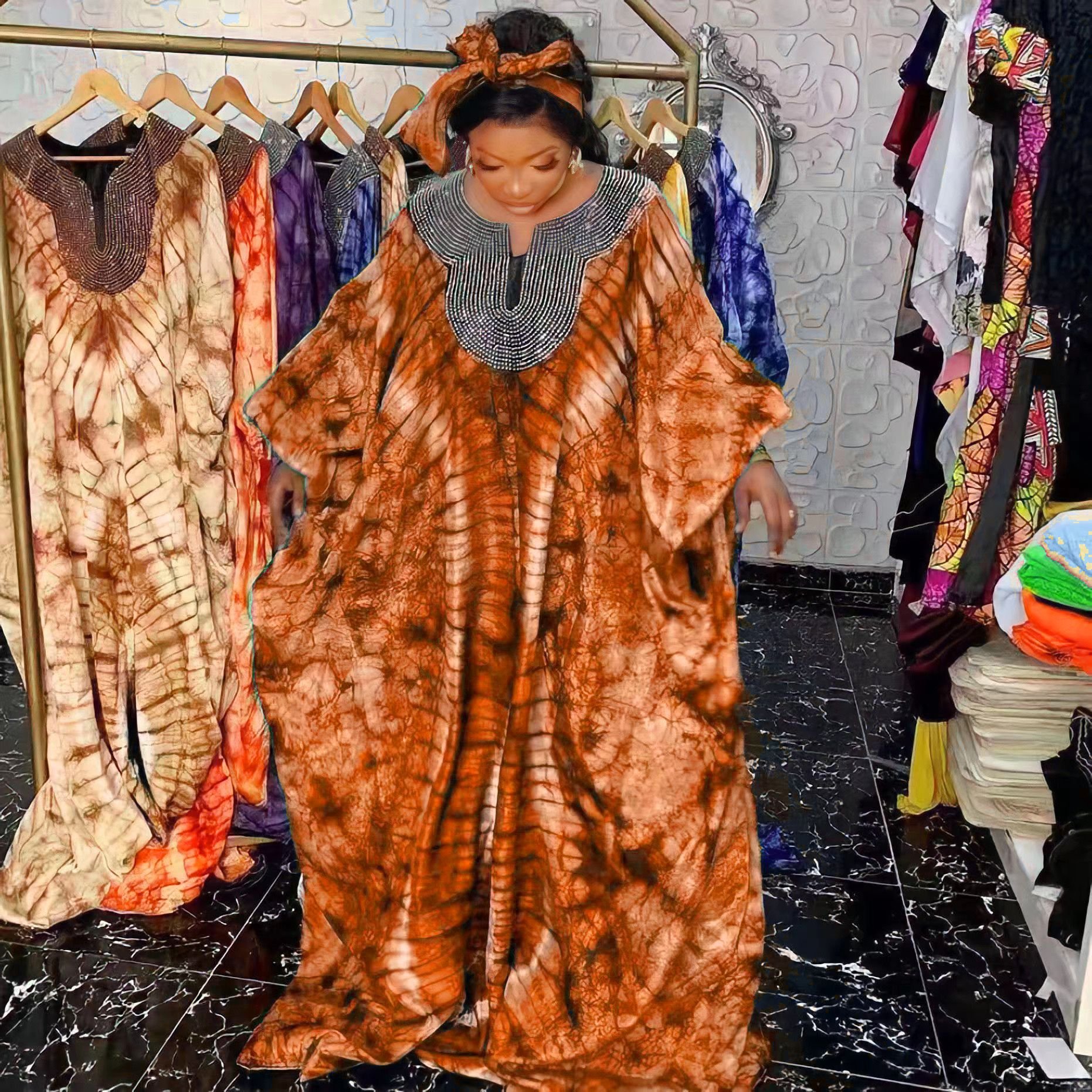 Hot Sale Ladies Casual Dresses Muslim Sequin Abaya With Headbands African Evening Dress Loose Robe Maxi Dress For Women