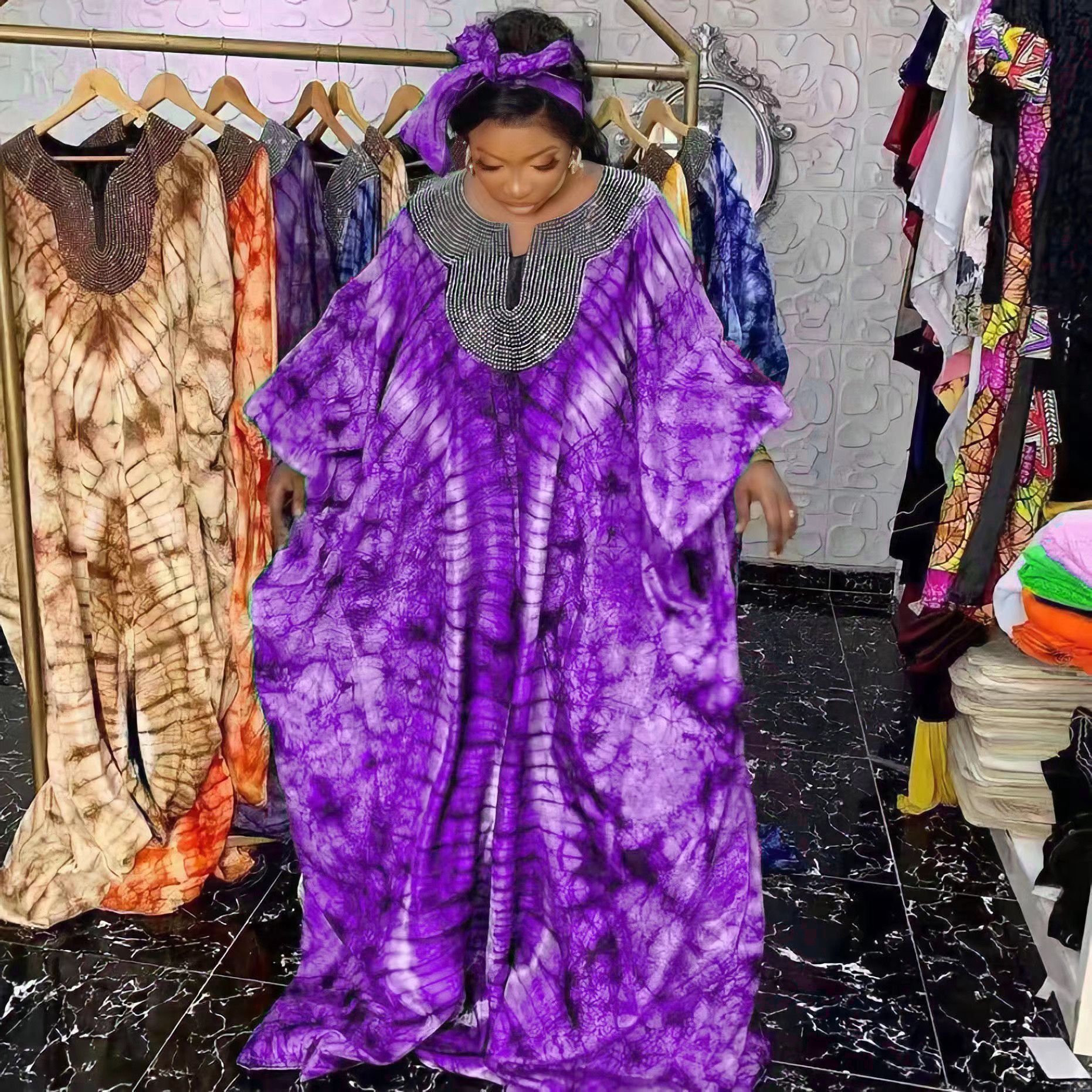 Hot Sale Ladies Casual Dresses Muslim Sequin Abaya With Headbands African Evening Dress Loose Robe Maxi Dress For Women