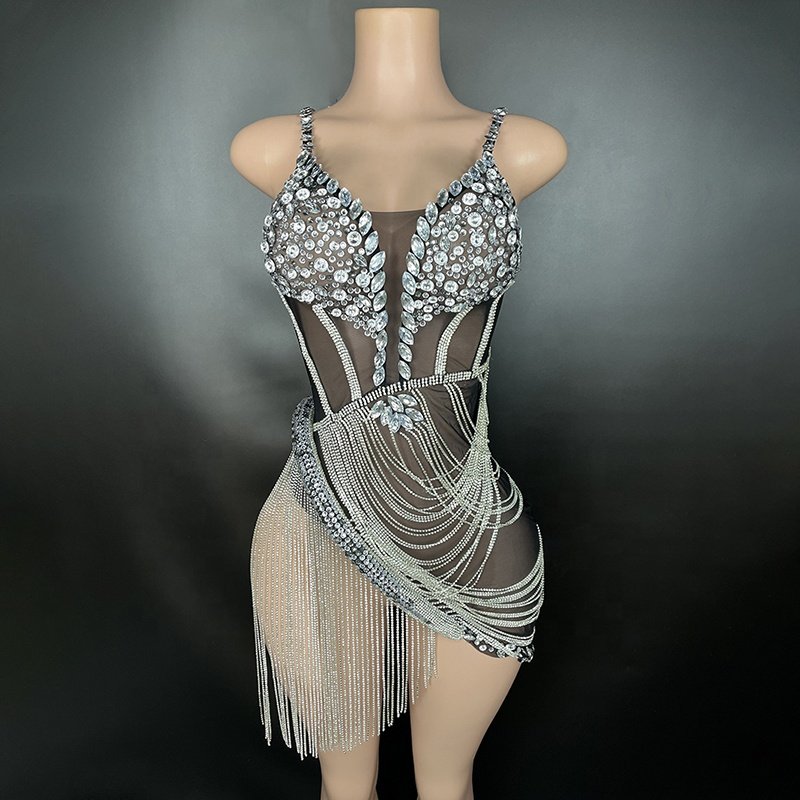 Sparkly Silver Rhinestones Transparent Sleeveless Women Backless Dress elegant casual dresses