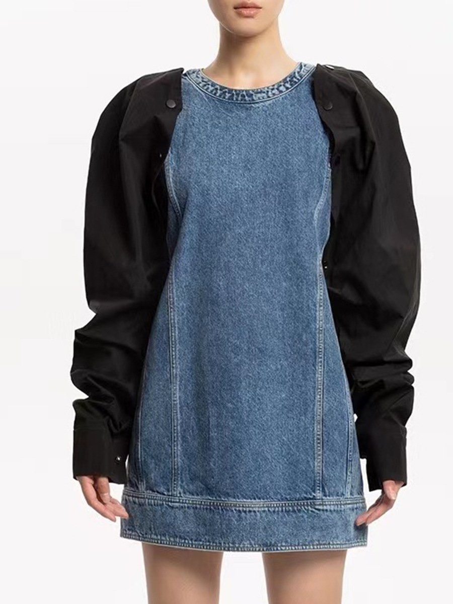 New Fashion Sexy Unique Vintage Detachable Puffer Sleeve Color Blocking Streetwear Lady DenimJean Dresses Women'S Casual Dress
