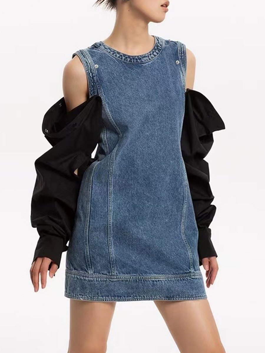 New Fashion Sexy Unique Vintage Detachable Puffer Sleeve Color Blocking Streetwear Lady DenimJean Dresses Women'S Casual Dress