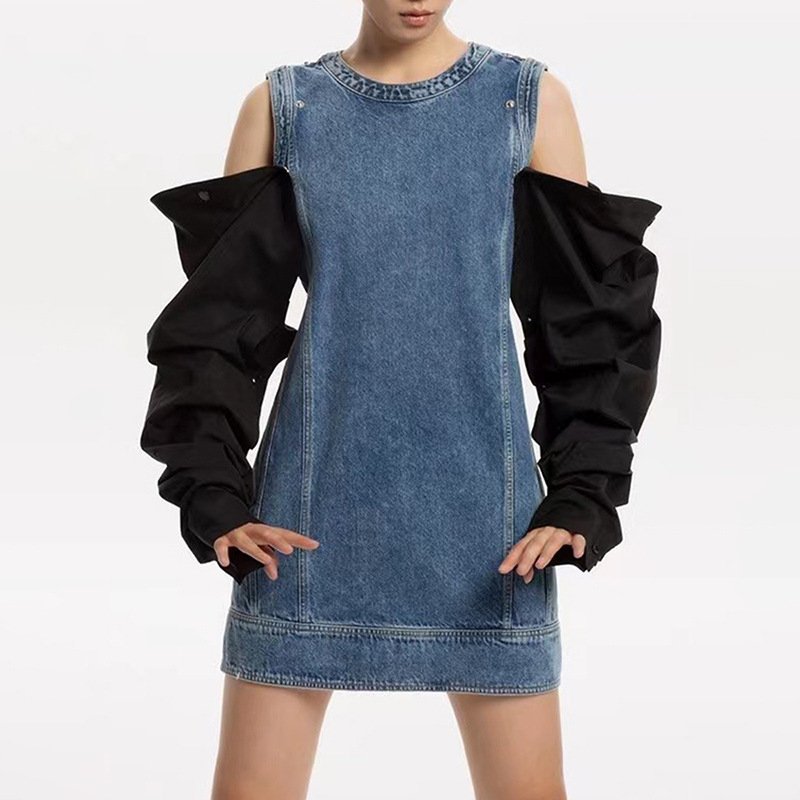 New Fashion Sexy Unique Vintage Detachable Puffer Sleeve Color Blocking Streetwear Lady DenimJean Dresses Women'S Casual Dress
