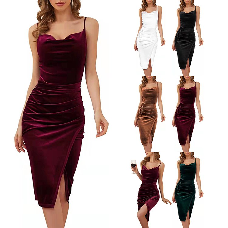 New fashion slits pleated solid color velvet dress casual dresses european evening dresses