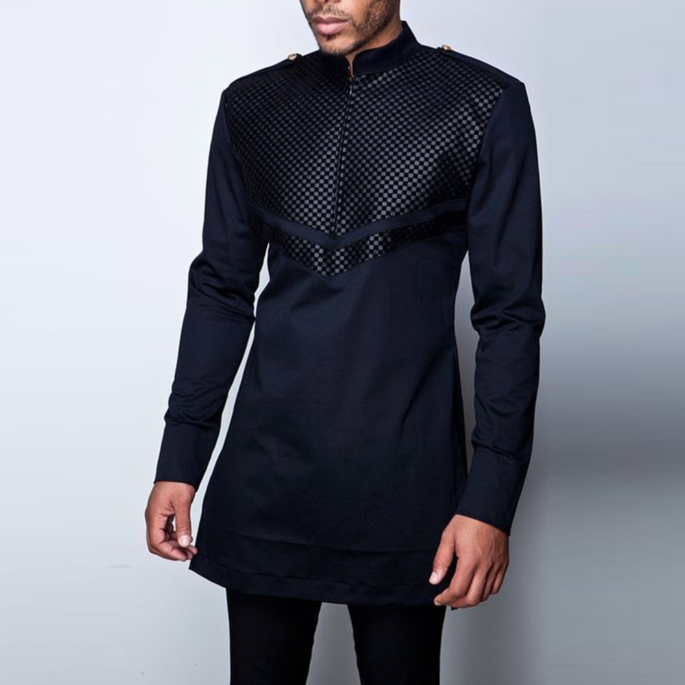 Custom African Muslim Ethnic Casual Long Sleeve Slim Fit Men's Shirts Black Men's Shirts