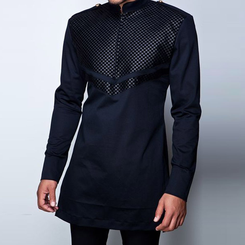 Custom African Muslim Ethnic Casual Long Sleeve Slim Fit Men's Shirts Black Men's Shirts