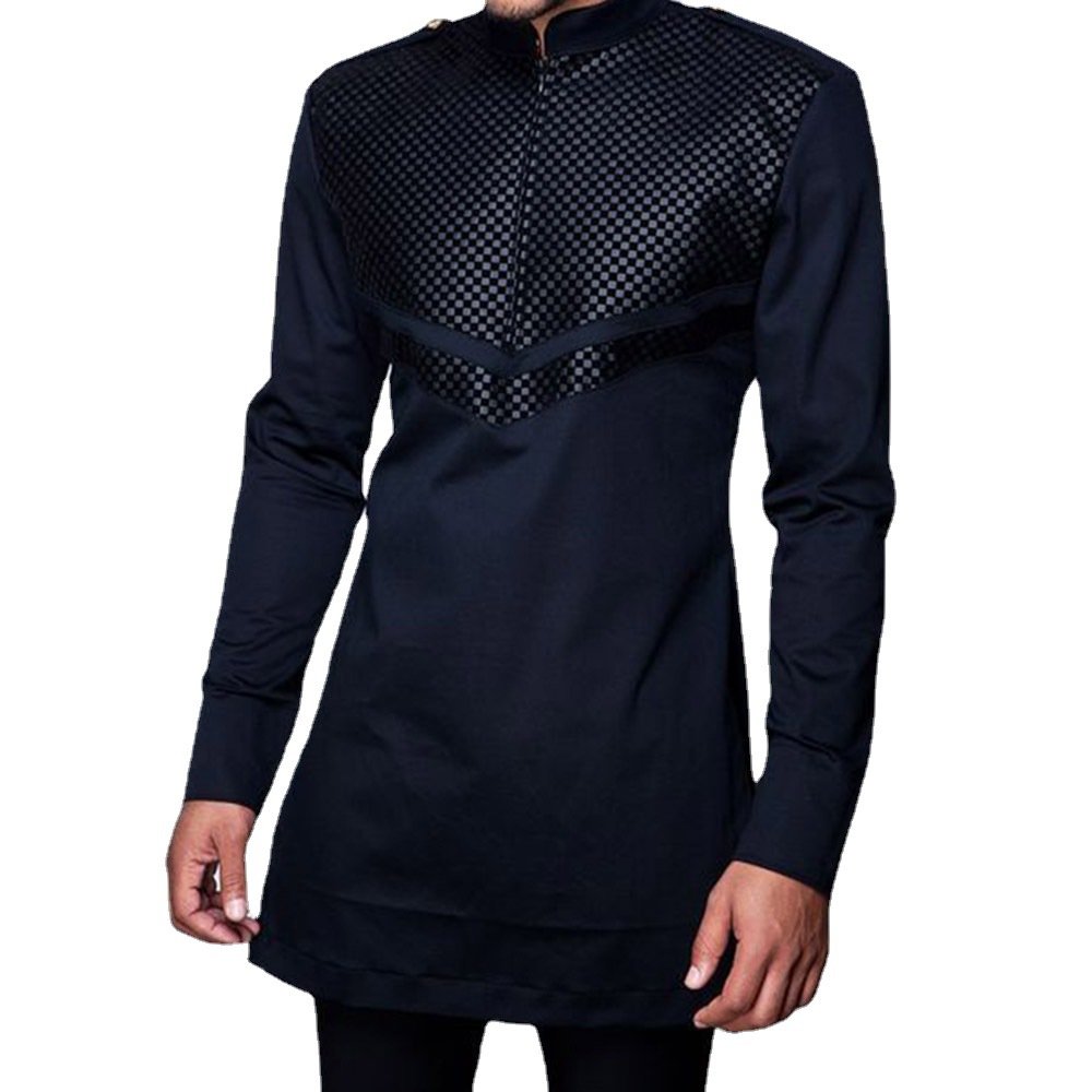 Custom African Muslim Ethnic Casual Long Sleeve Slim Fit Men's Shirts Black Men's Shirts