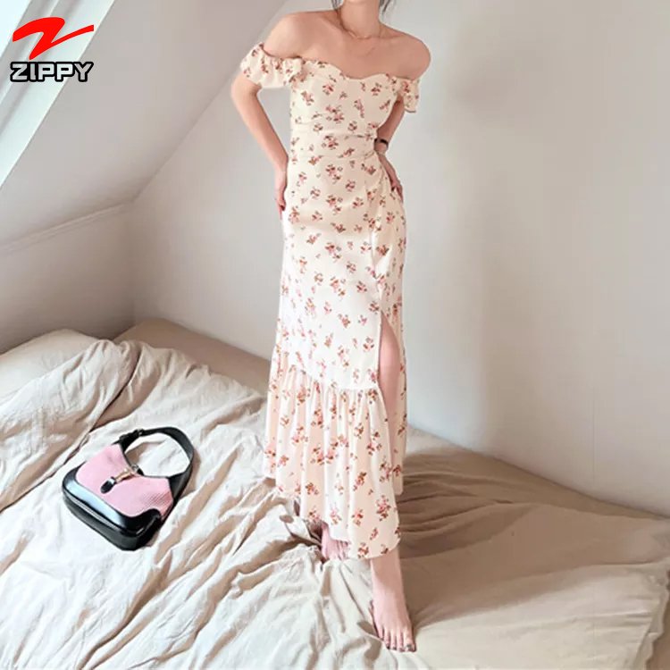 fashion French gentle floral puff Sleeve ladies womens clothing elegant custom chiffon casual dresses women