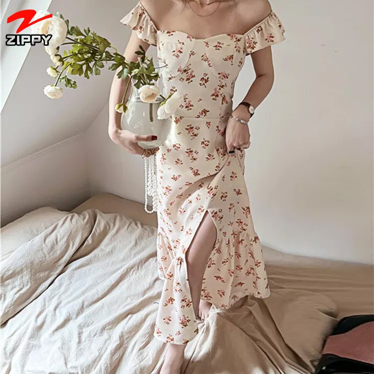fashion French gentle floral puff Sleeve ladies womens clothing elegant custom chiffon casual dresses women