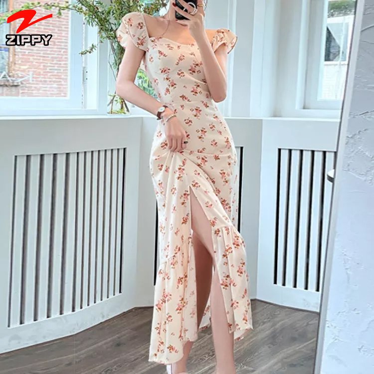 fashion French gentle floral puff Sleeve ladies womens clothing elegant custom chiffon casual dresses women
