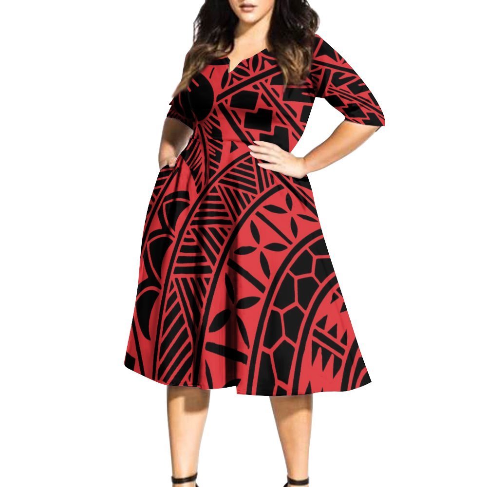 Fiji Tonga Hawaii Samoa Elei Polynesian Tribal Design Fit Flare Midi Dress Pleated Casual Dresses Custom Kora Female Vestidos