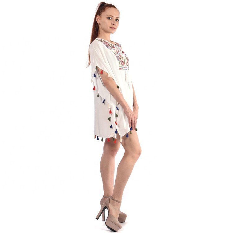 New fashionable ladies blouse femme boho dress kafan white fringe summer beachwear cover up casual dresses